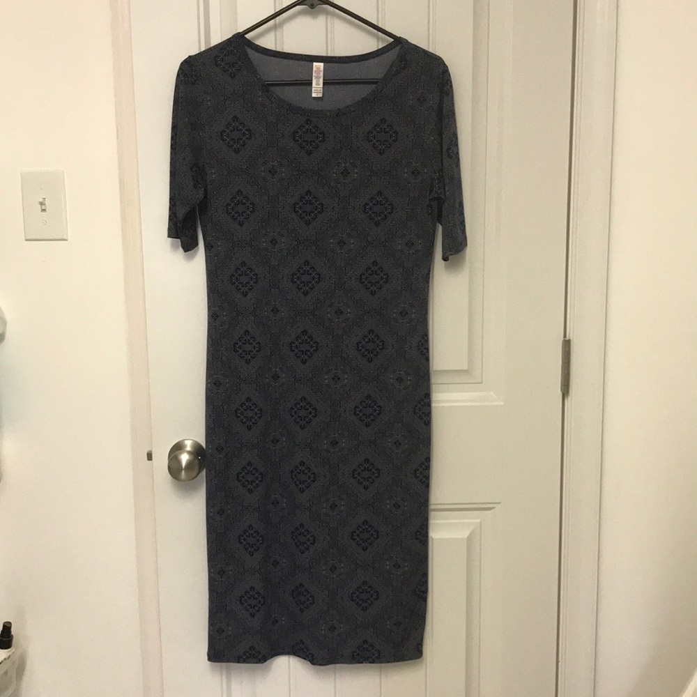 Lularoe Julia S, navy blue with geometric pattern